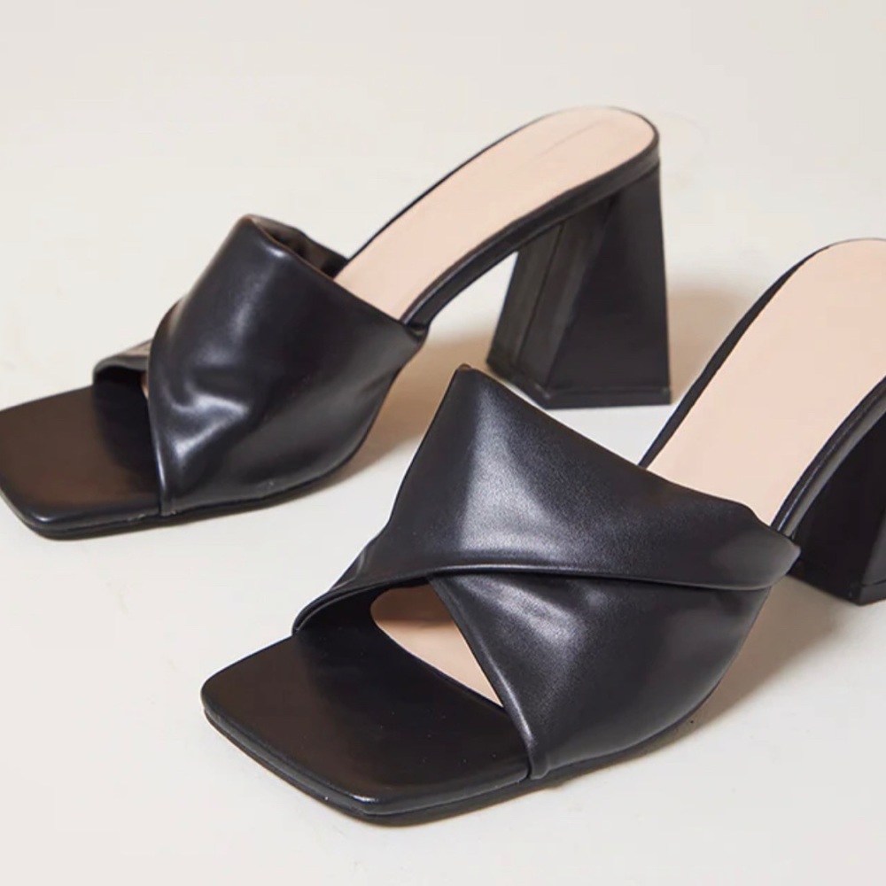 Black Square Toe Fold Over Low Block Heeled Mules, size 9